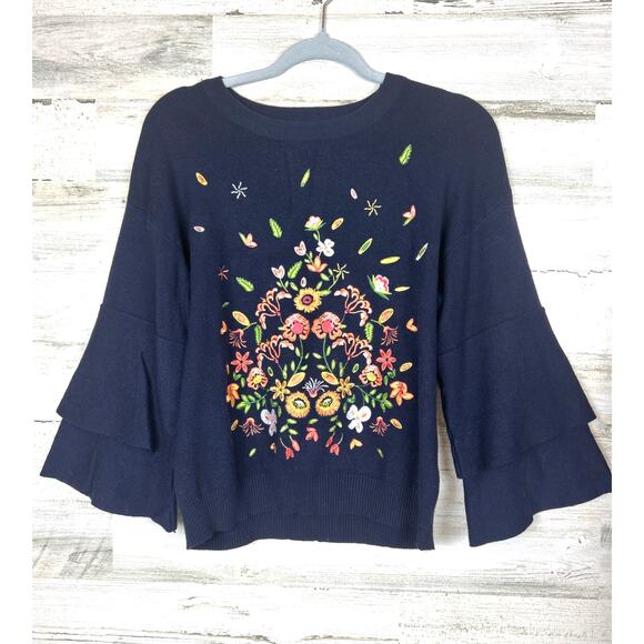 Blue Pepper Women’s M Navy Blue Embroidered Floral Boho Bell Sleeve Blouse Top - Picture 1 of 7